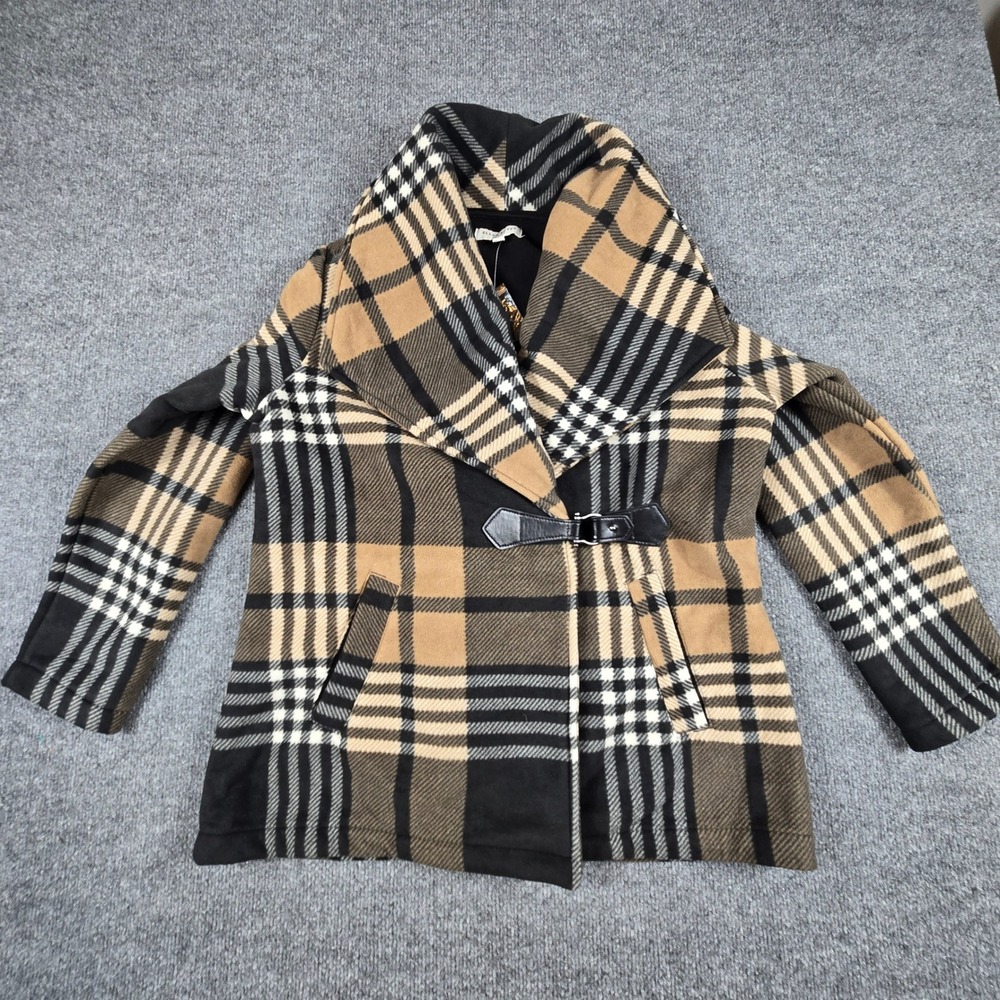 Ellen Reyes Petite Fleece Plaid Wrap Jacket PL Tan Black Buckle Shawl Collar NWT